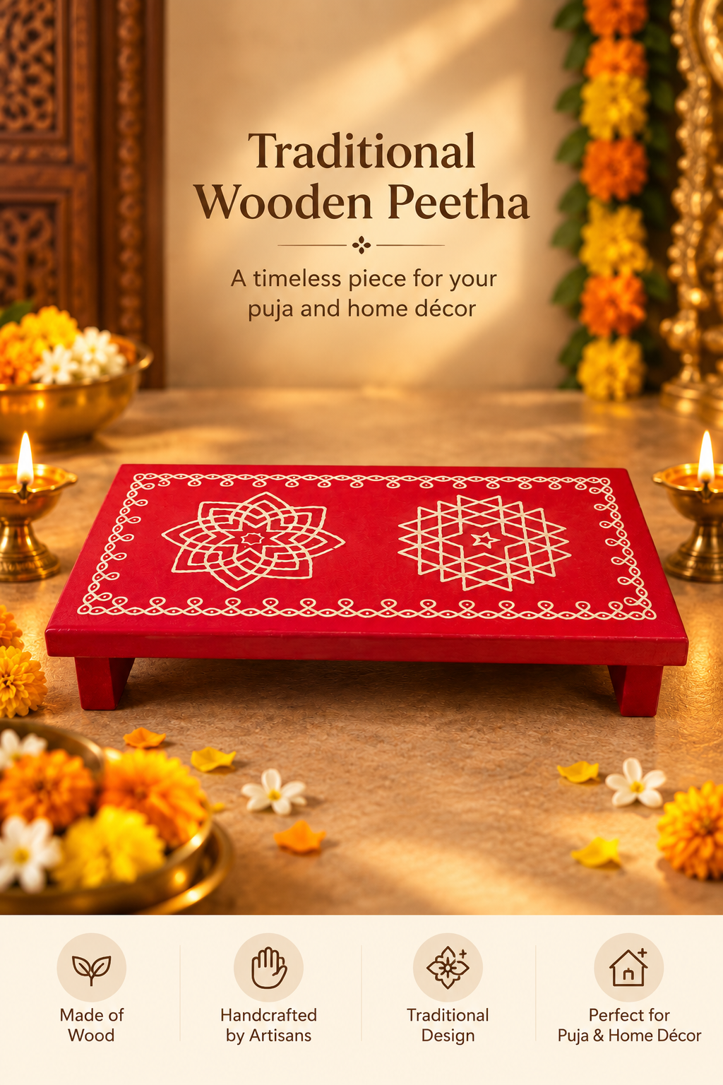 Traditional Wooden Rectangular Peetha for Festivals and Gifts 9 by 6 inch