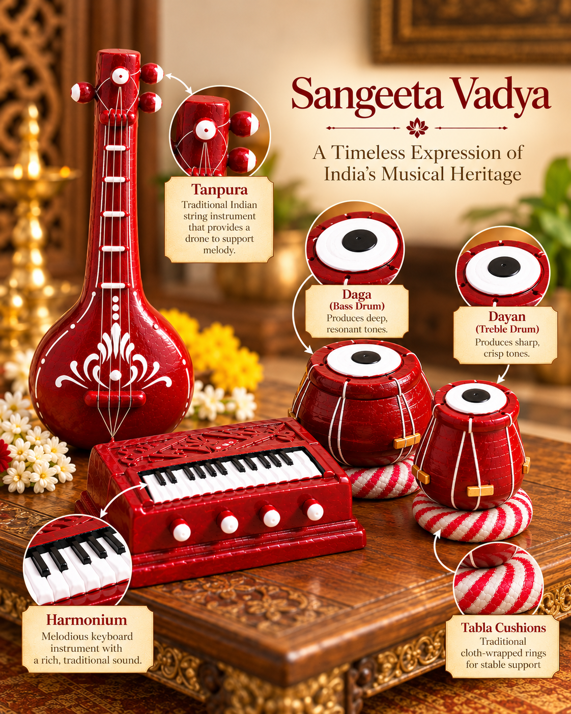 Handcrafted Clay Sangeetha Vadya Set – Miniature Musical Instruments (Set of 6)