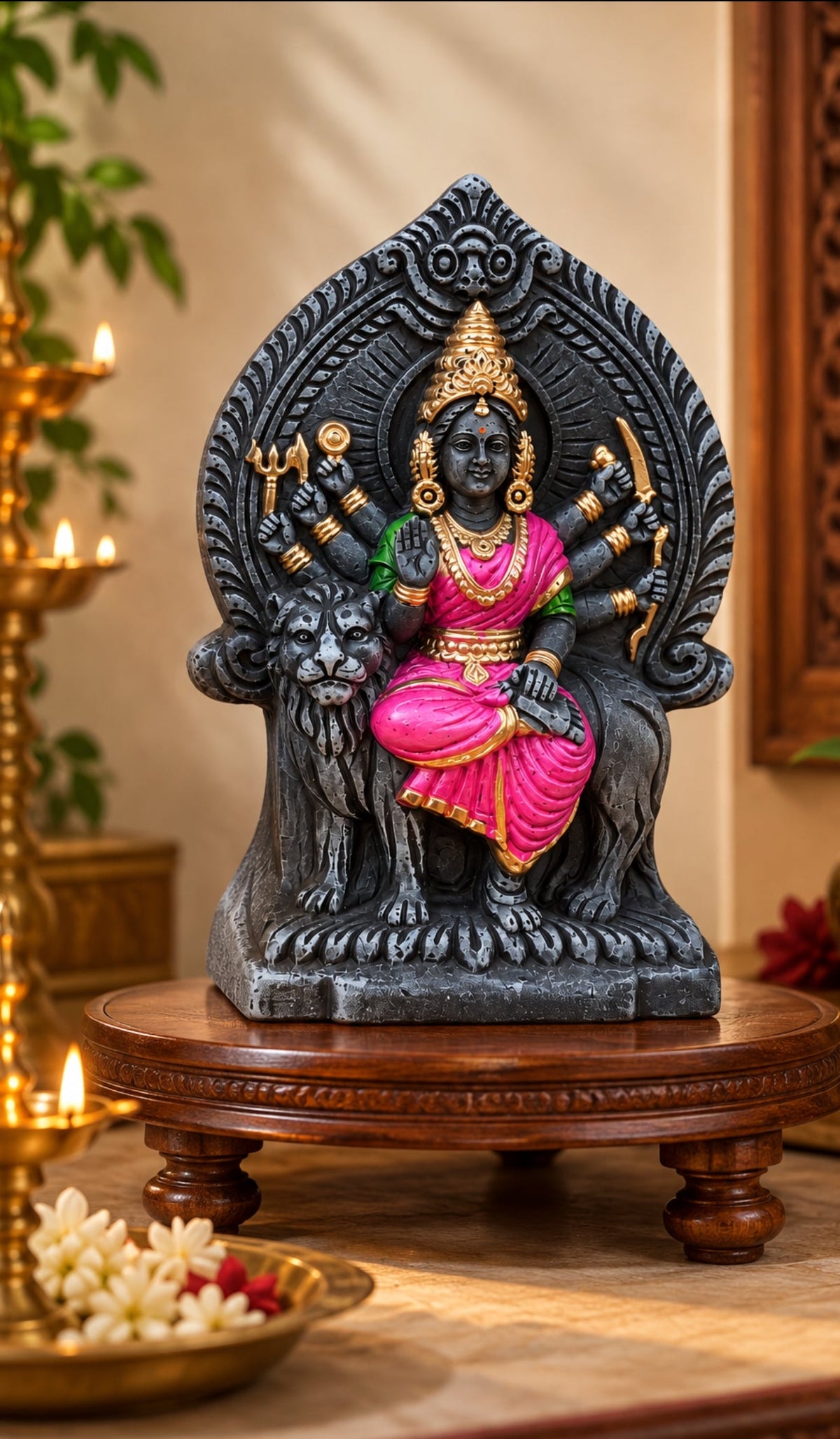 Handcrafted Clay Sri Chamundeshwari Idol – Antique Stone Finish Ashtabhuja Simhavahini