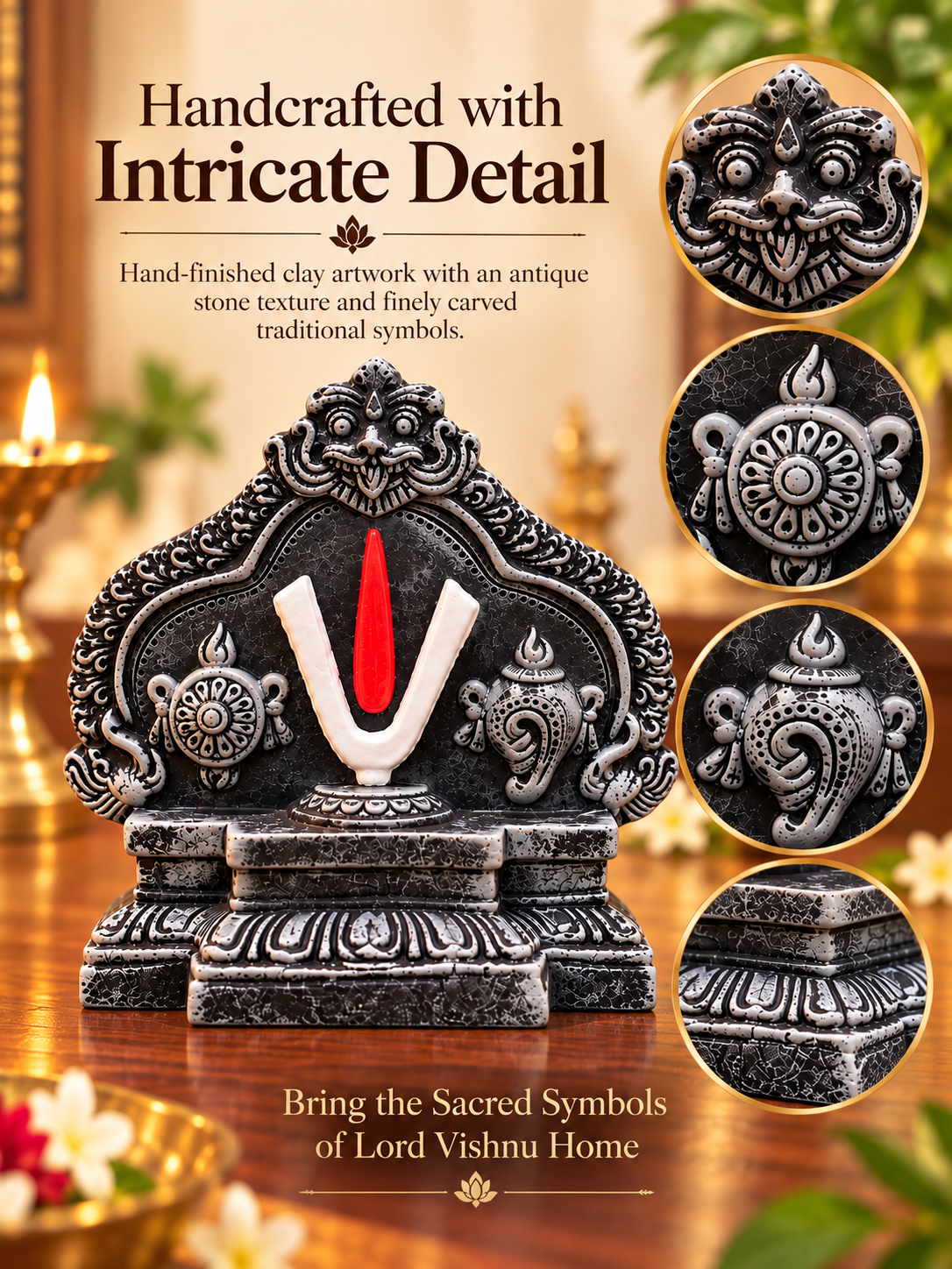 Handcrafted Shanku Chakra Namam Stand – Antique Stone Finish