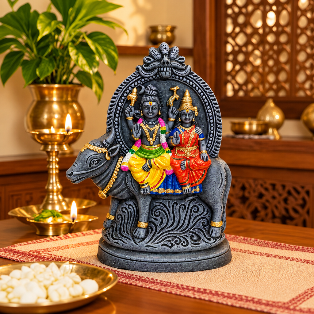 Handcrafted Uma Maheshwara on Nandi Idol (Stone Finish) | Divine Shiva Parvati Idol