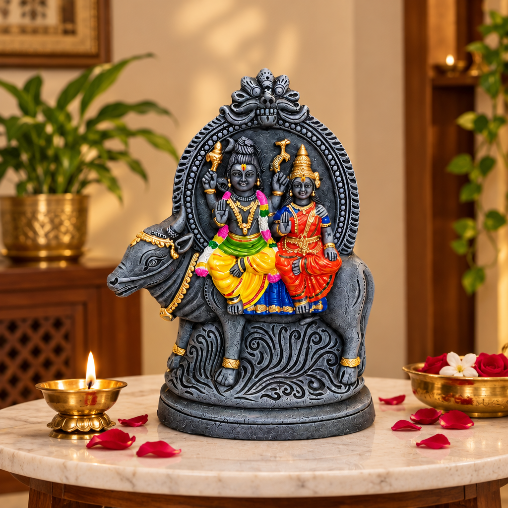 Handcrafted Uma Maheshwara on Nandi Idol (Stone Finish) | Divine Shiva Parvati Idol