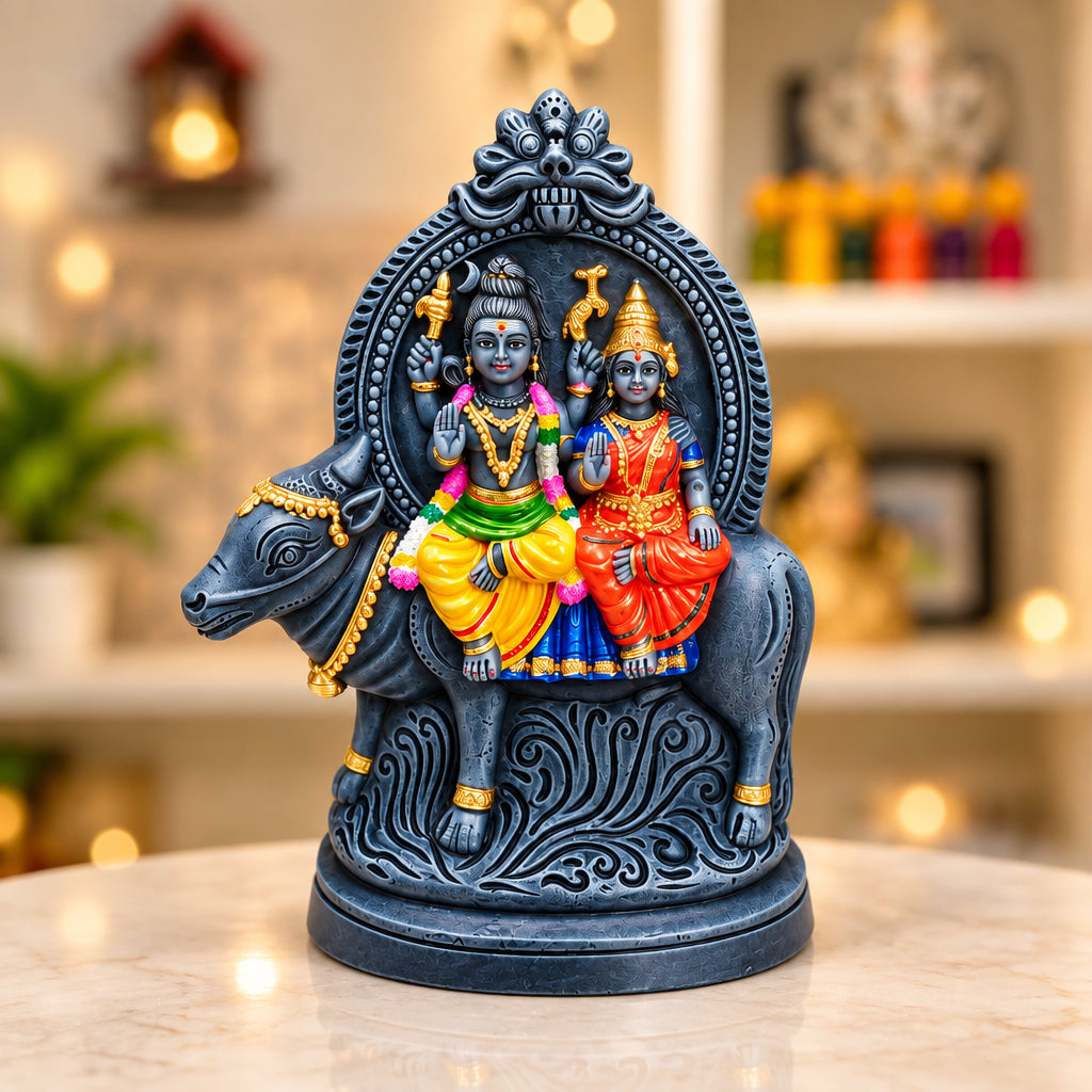 Handcrafted Uma Maheshwara on Nandi Idol (Stone Finish) | Divine Shiva Parvati Idol