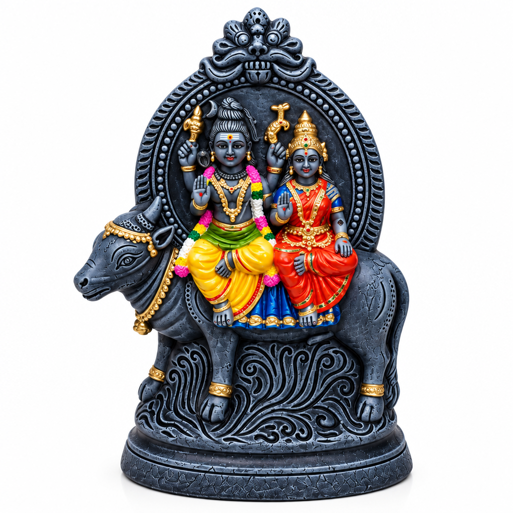 Handcrafted Uma Maheshwara on Nandi Idol (Stone Finish) | Divine Shiva Parvati Idol