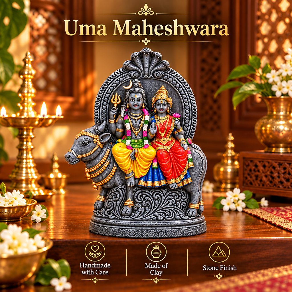 Handcrafted Uma Maheshwara on Nandi Idol (Stone Finish) | Divine Shiva Parvati Idol
