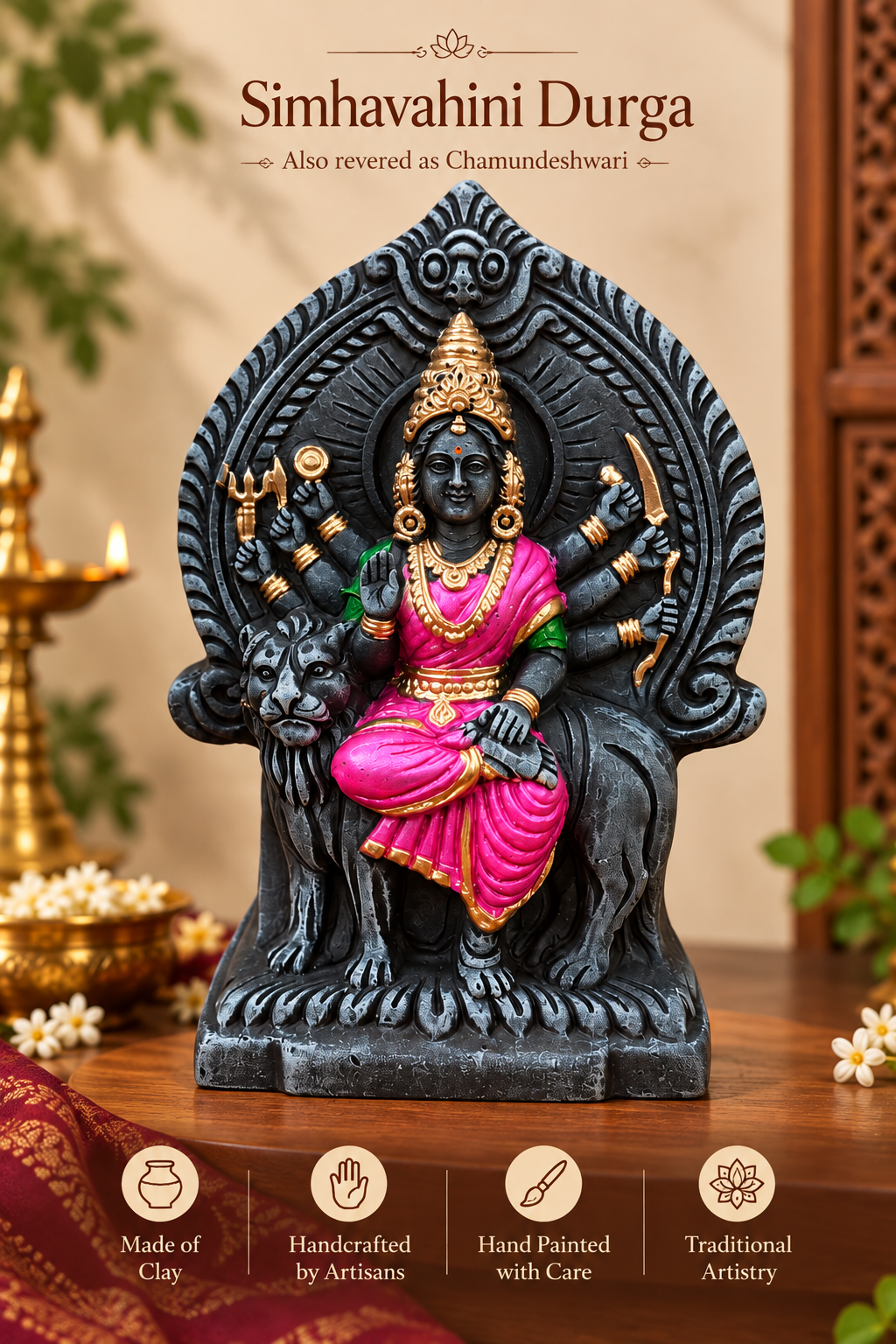 Handcrafted Clay Sri Chamundeshwari Idol – Antique Stone Finish Ashtabhuja Simhavahini