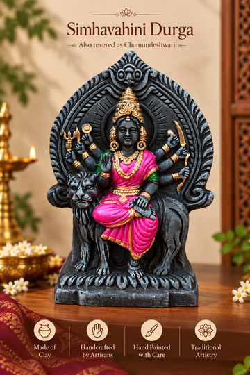 Handcrafted Clay Sri Chamundeshwari Idol – Antique Stone Finish Ashtabhuja Simhavahini