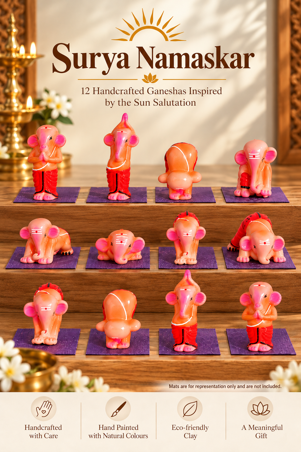 Handcrafted Clay Surya Namaskar Ganesha Set – 12 Sun Salutation Yoga Asanas