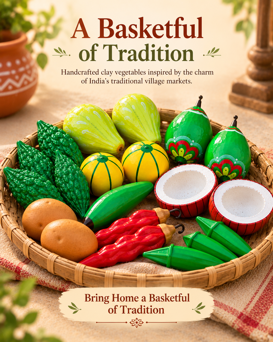 Handcrafted Clay Tarkari Set – Miniature Village Market Vegetables (19 Pcs)