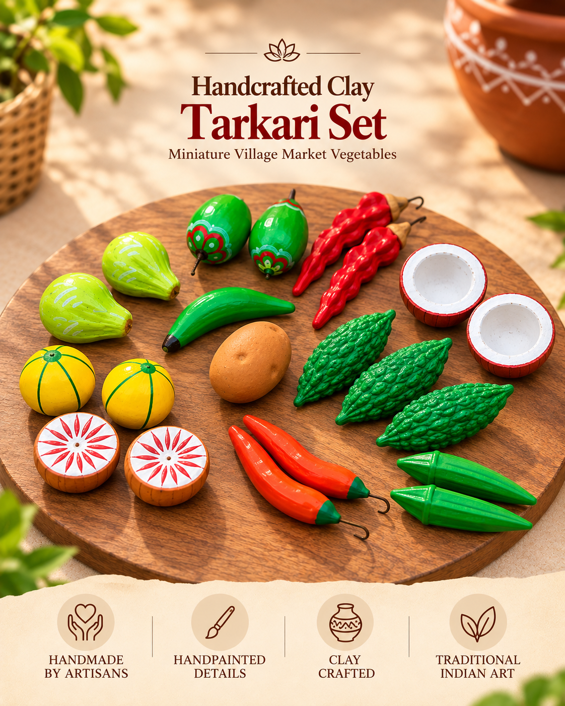 Handcrafted Clay Tarkari Set – Miniature Village Market Vegetables (19 Pcs)