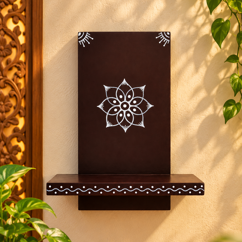 Traditional Mandala Wall Mount Shelf – Handcrafted Wooden Décor