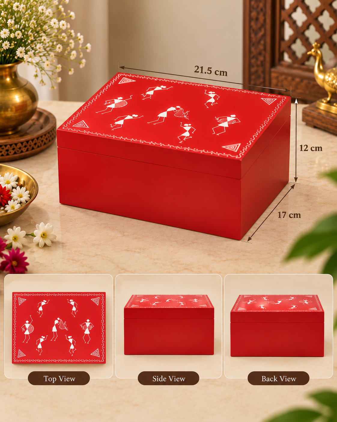 Wooden Warli Art Box Slide Storage Box Organizer Hand painted Solid Box