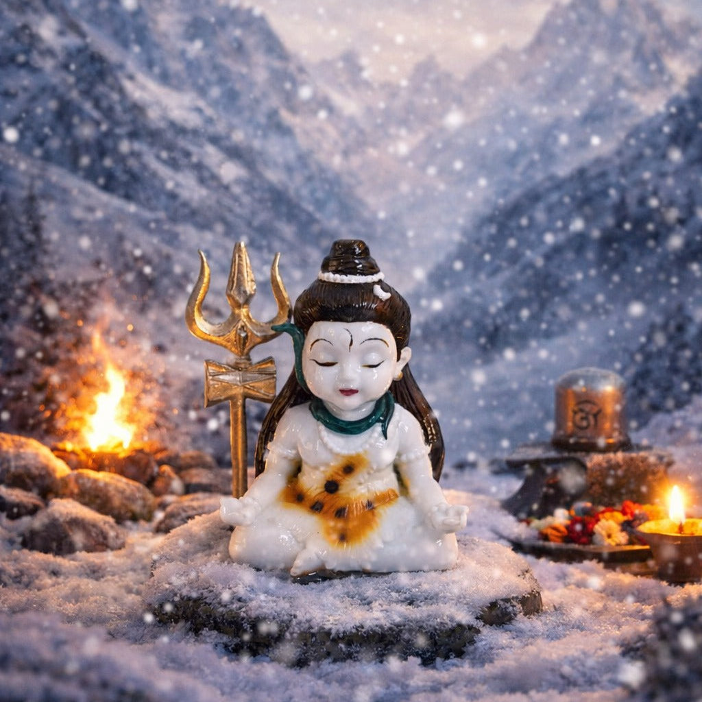 Adorable Bal Shiva in Meditation | Handcrafted Shiva Idol with Damaru & Trishul | Spiritual Gift