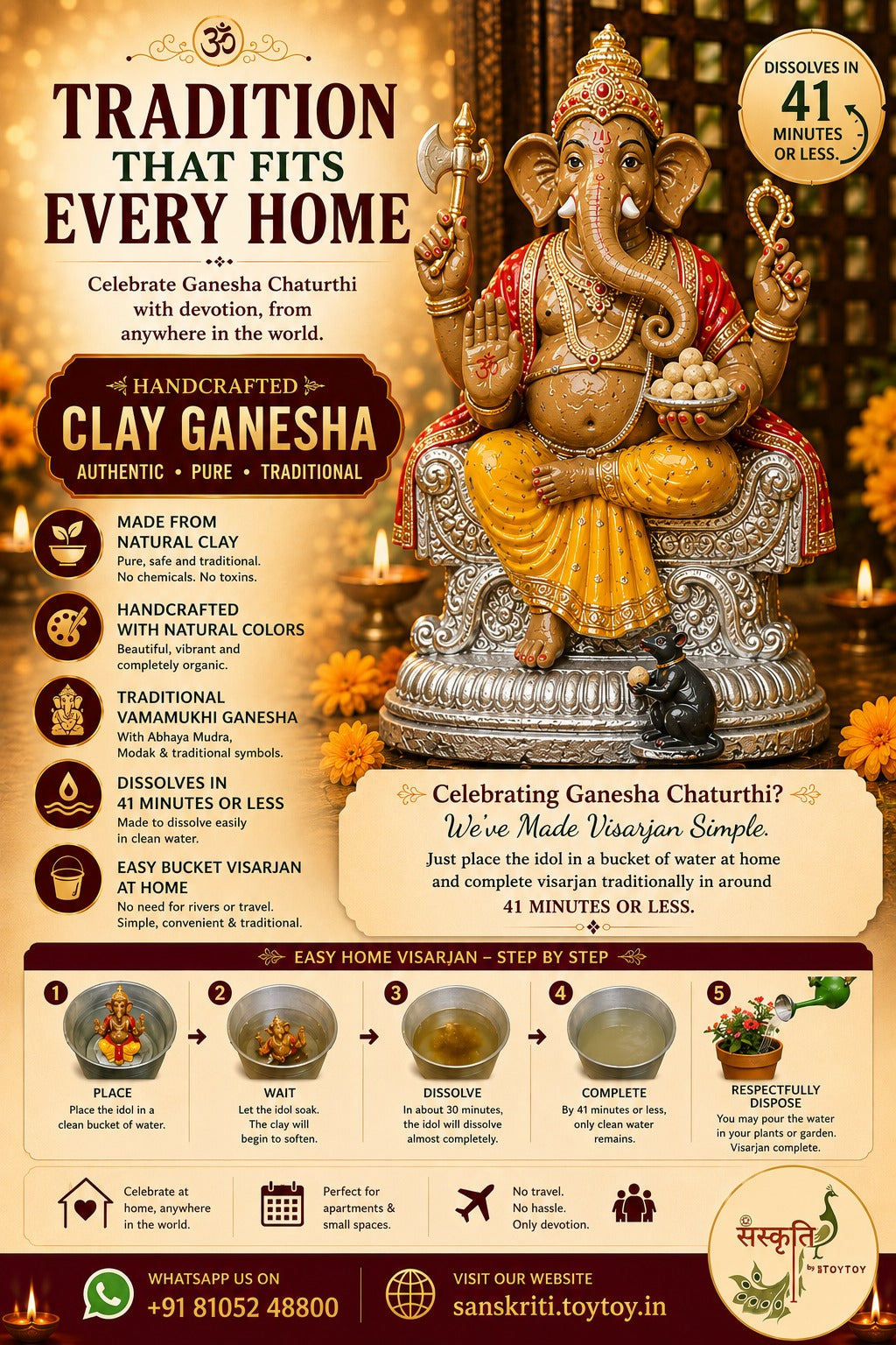 Handcrafted Clay Ganesha Idol — Traditional Vamamukhi Ganesha with natural colors, dissolves in 41 minutes