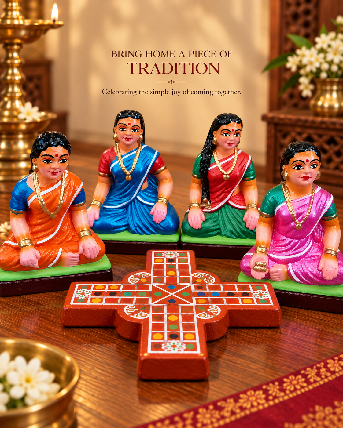 Handcrafted Traditional Pagade(Daya Kattam) Game Players Set (Set of 5) - Recreating a scene of traditional play