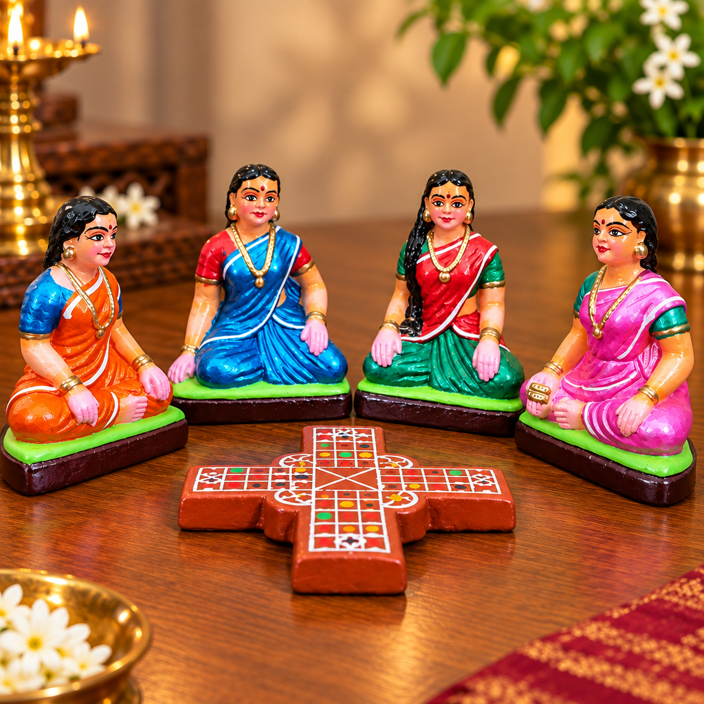 Handcrafted Traditional Pagade(Daya Kattam) Game Players Set (Set of 5) - Recreating a scene of traditional play