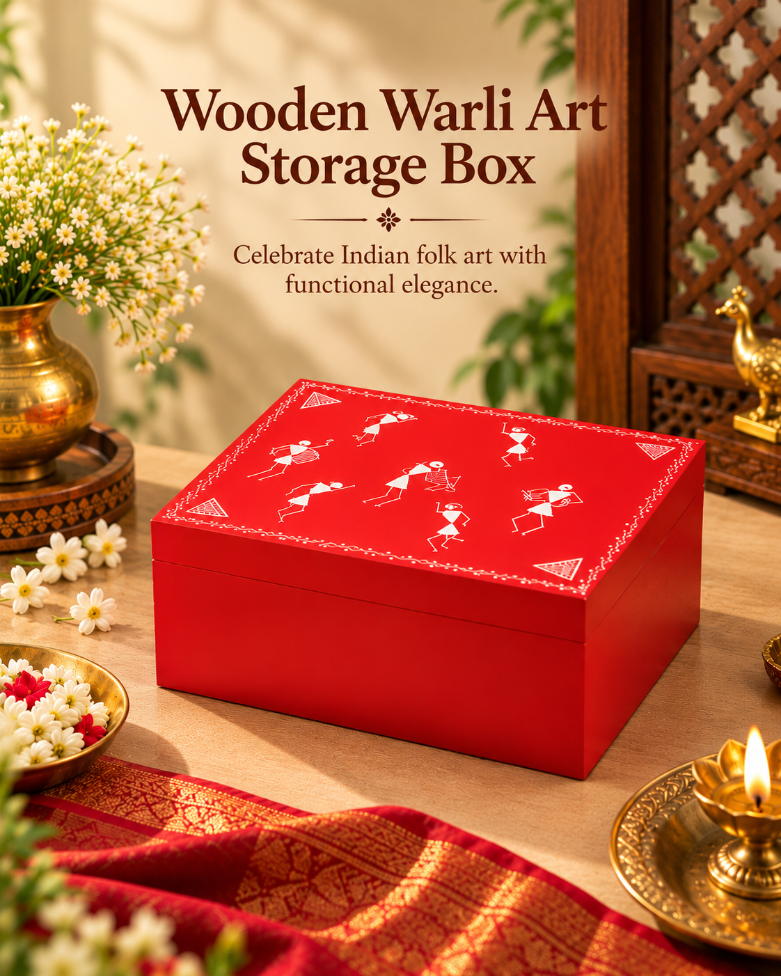 Wooden Warli Art Box Slide Storage Box Organizer Hand painted Solid Box