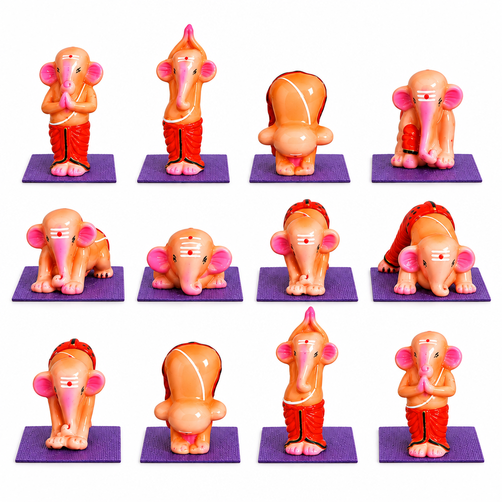 Handcrafted Clay Surya Namaskar Ganesha Set – 12 Sun Salutation Yoga Asanas