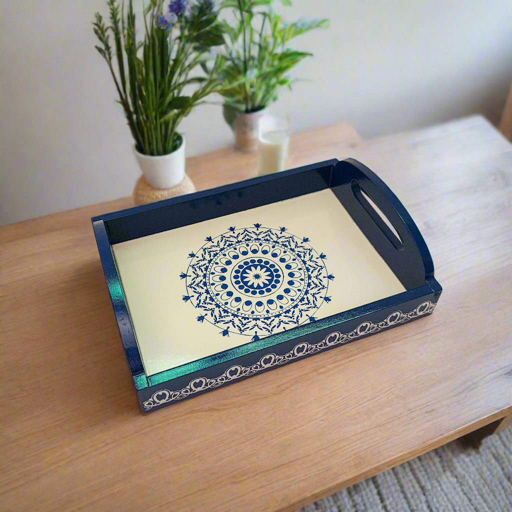 Handcrafted Wooden Tray | Warli Art Hand-Painted | Indian Festive Serving Tray & Home Decor