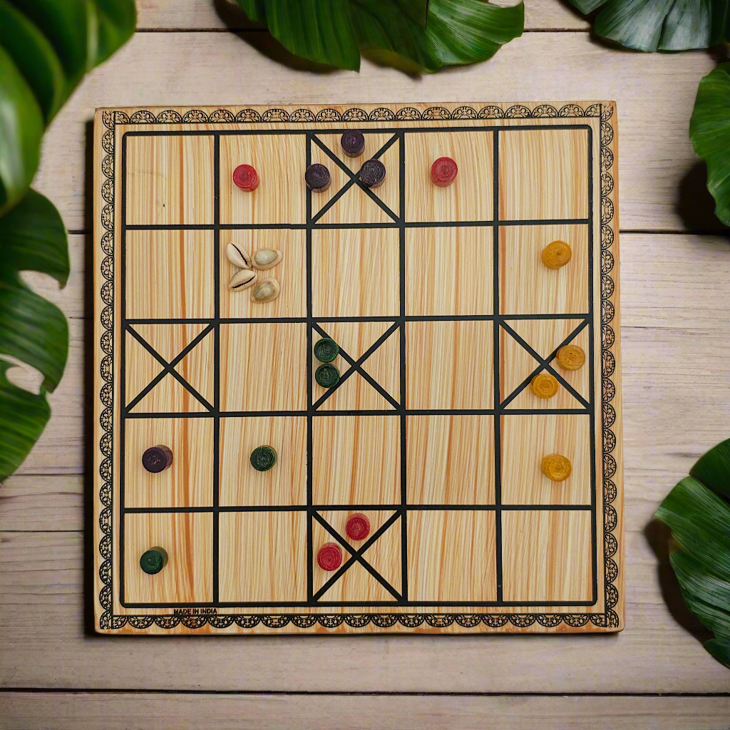 Wooden Chowkabara Traditional Strategy Board Game | One Board Double-Sided (5 & 7 House)