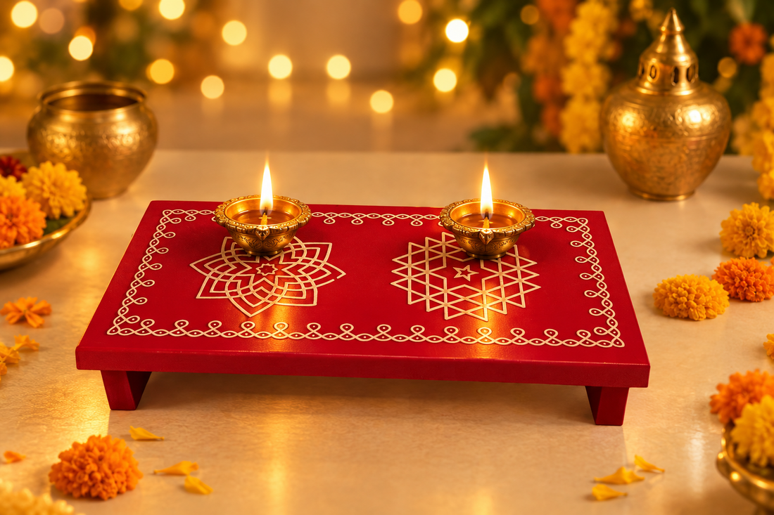 Traditional Wooden Rectangular Peetha for Festivals and Gifts 9 by 6 inch