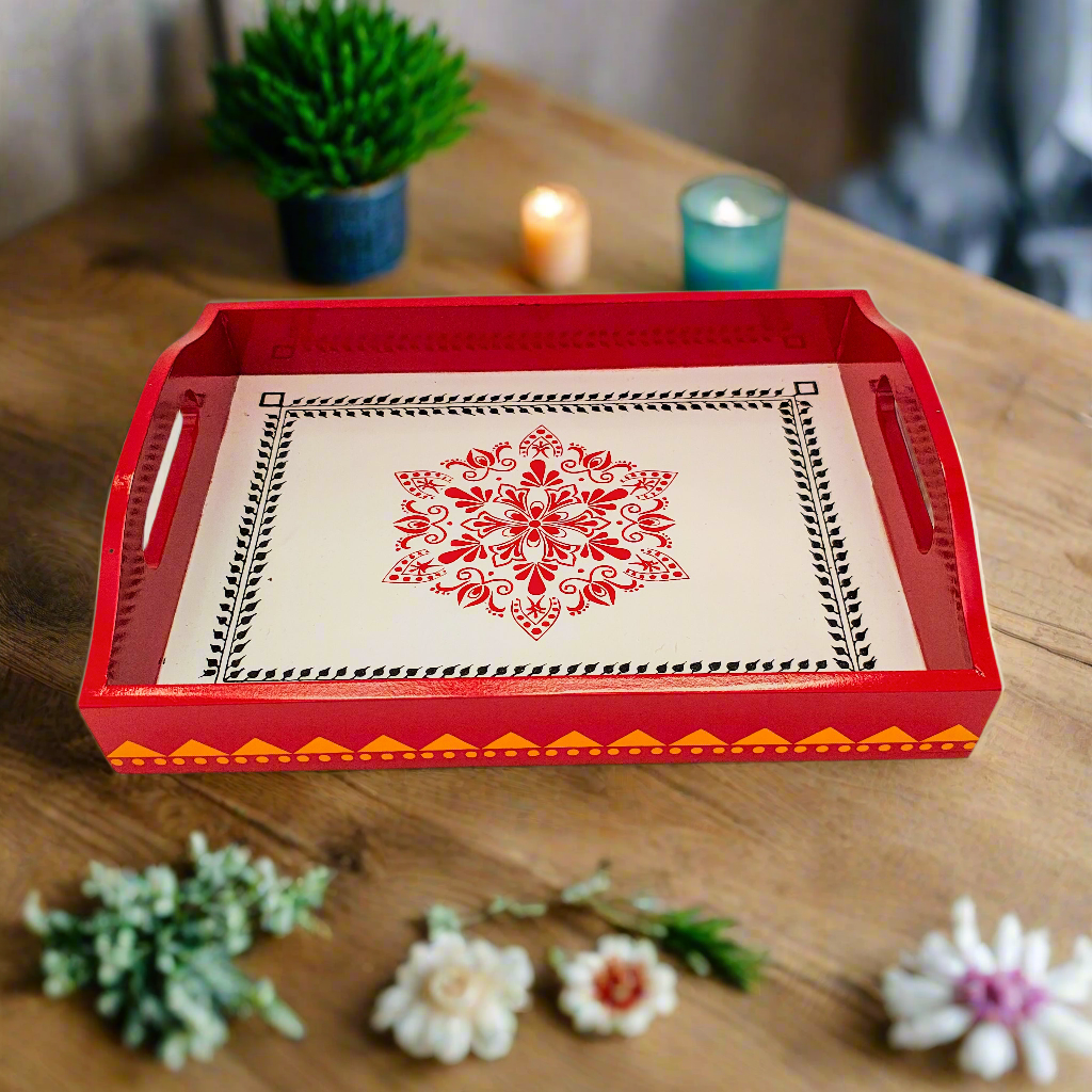Handcrafted Wooden Tray | Warli Art Hand-Painted | Indian Festive Serving Tray & Home Decor