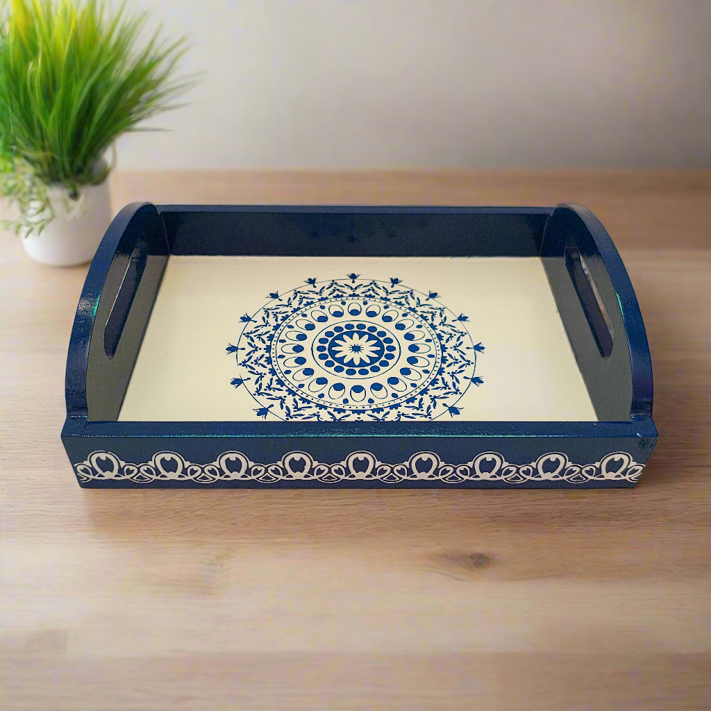 Handcrafted Wooden Tray | Warli Art Hand-Painted | Indian Festive Serving Tray & Home Decor