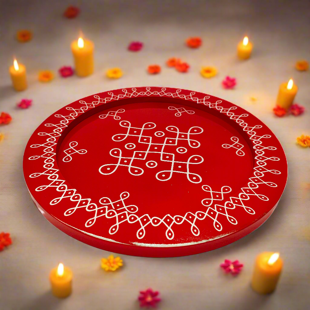 Red decorative plate with white patterns 