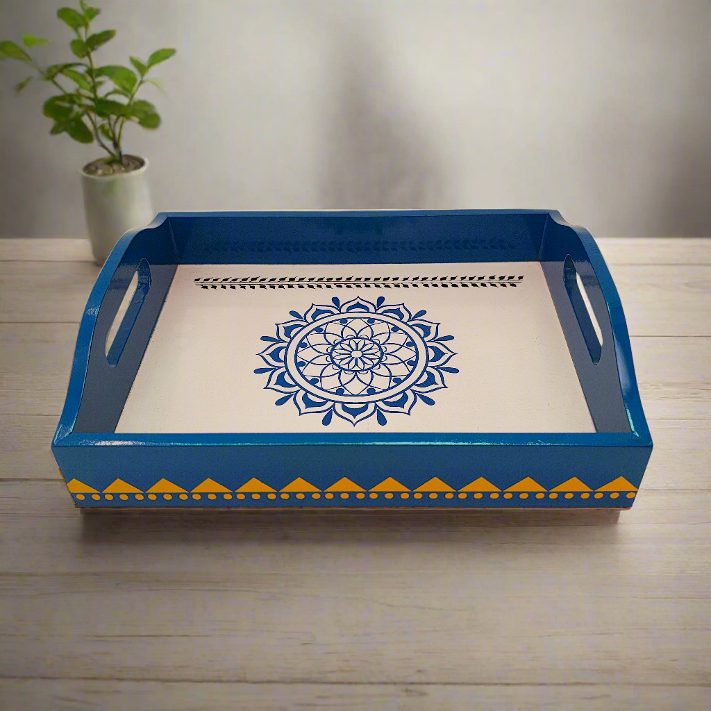 Handcrafted Wooden Tray | Warli Art Hand-Painted | Indian Festive Serving Tray & Home Decor