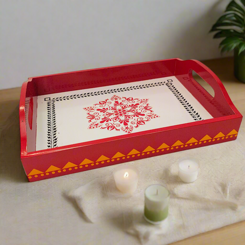 Handcrafted Wooden Tray | Warli Art Hand-Painted | Indian Festive Serving Tray & Home Decor
