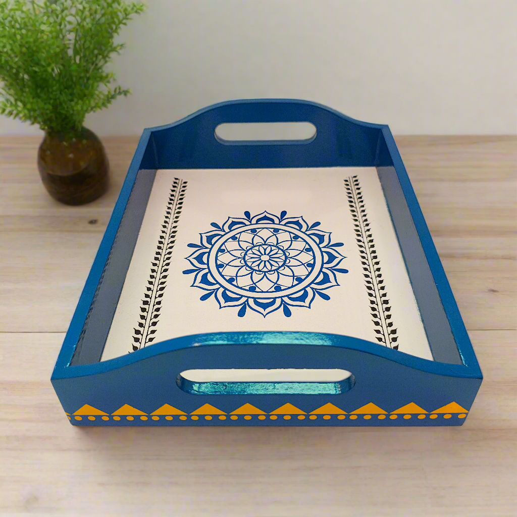 Handcrafted Wooden Tray | Warli Art Hand-Painted | Indian Festive Serving Tray & Home Decor