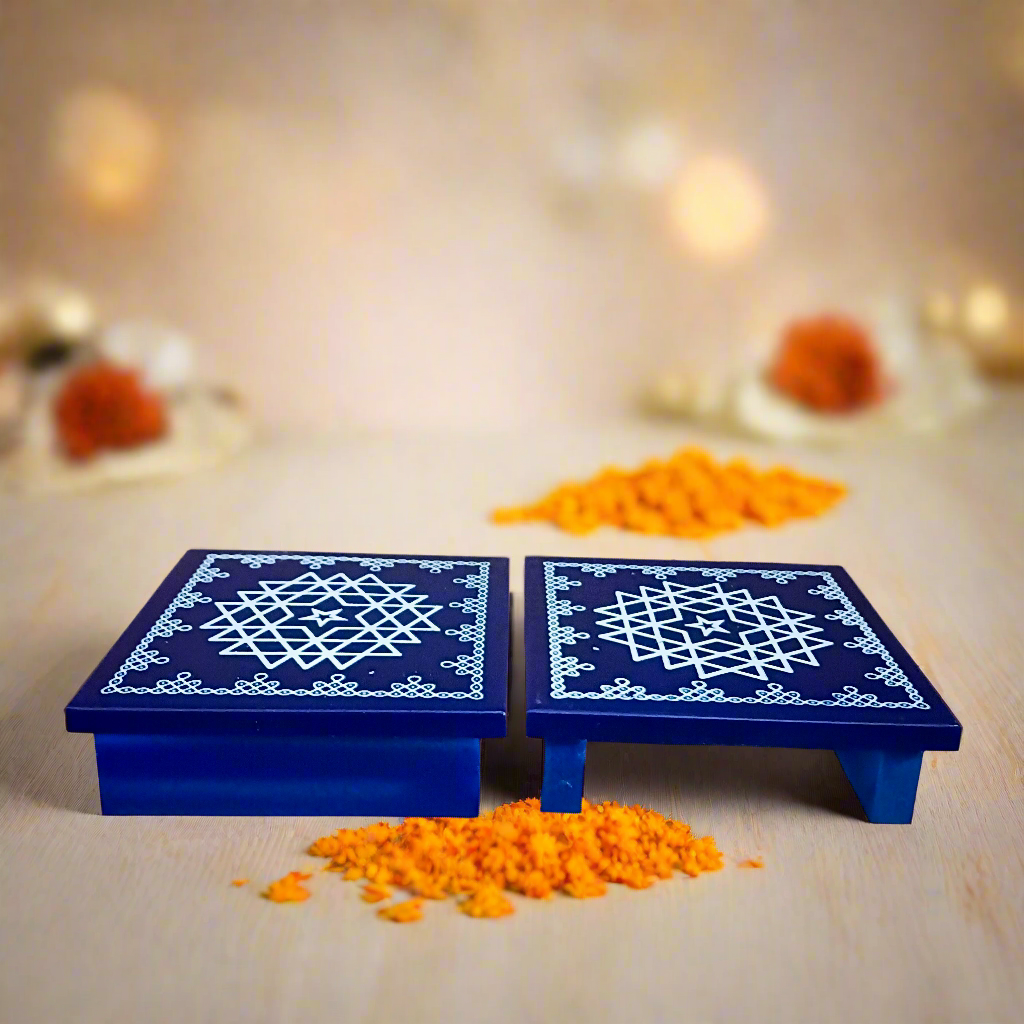 Traditional Wooden Peetha for Pooja & Festivals - 4 Inch | Set of 2