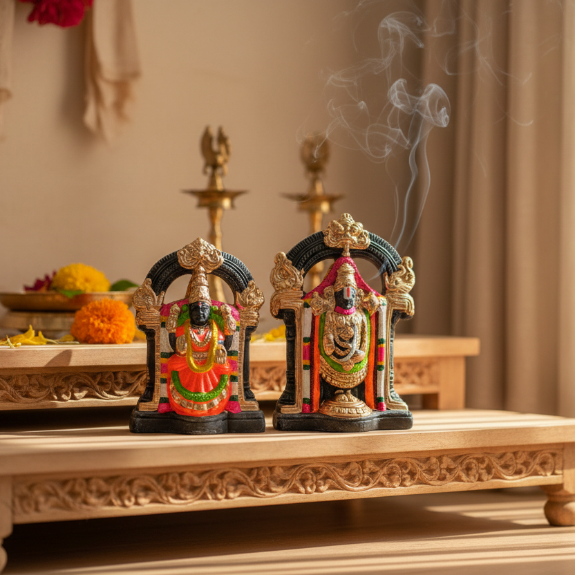 Serene Handcrafted Clay Lakshmi-Venkateswara Set (Timeless Stone Finish)