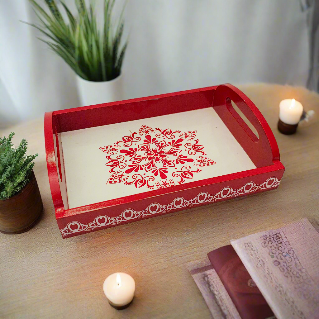 Handcrafted Wooden Tray | Warli Art Hand-Painted | Indian Festive Serving Tray & Home Decor