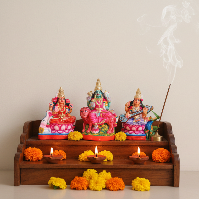 Handcrafted Clay Trishakthi Goddess Set – Home Pooja Room Hero Image