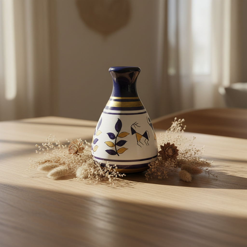 Wooden Warli Art Pot Decoration Gifting Art