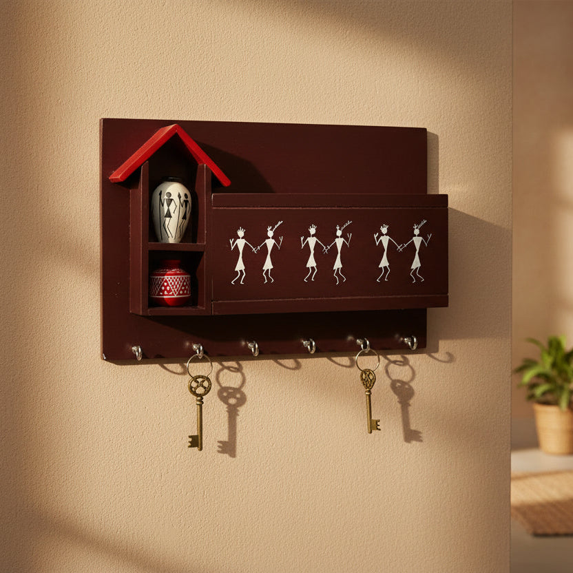 Warli Wooden Wall Organizer with Key Hooks & Storage Shelf