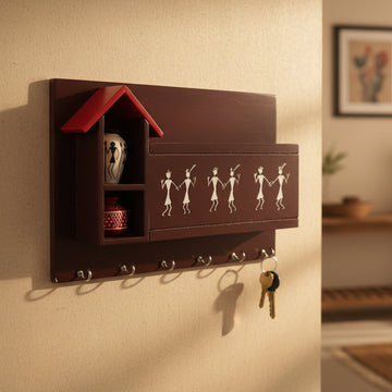 Warli Wooden Wall Organizer with Key Hooks & Storage Shelf