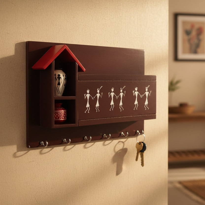 Warli Wooden Wall Organizer with Key Hooks & Storage Shelf