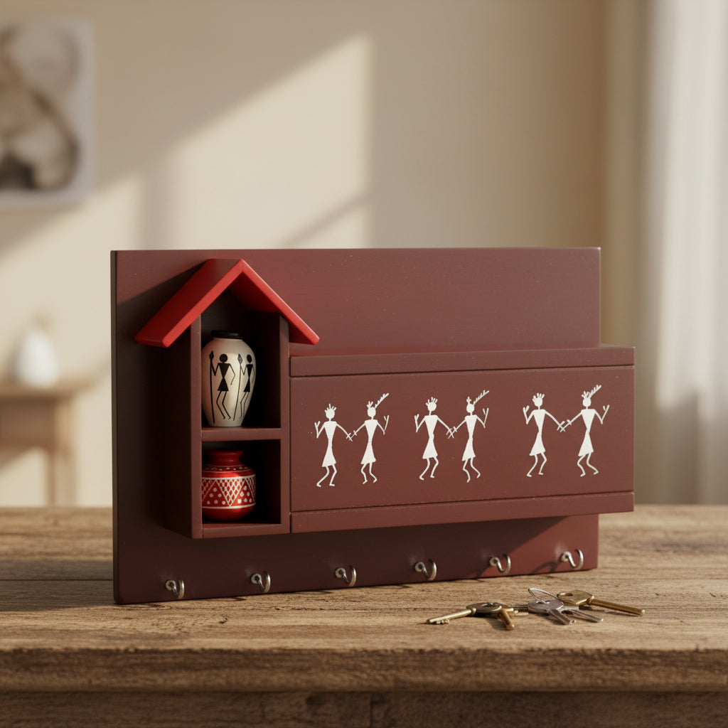 Warli Wooden Wall Organizer with Key Hooks & Storage Shelf