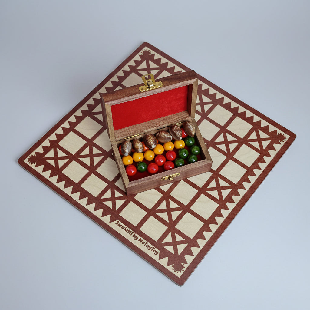 Wooden Chowkabara Traditional Strategy Board Game | One Board Double-Sided (5 & 7 House)