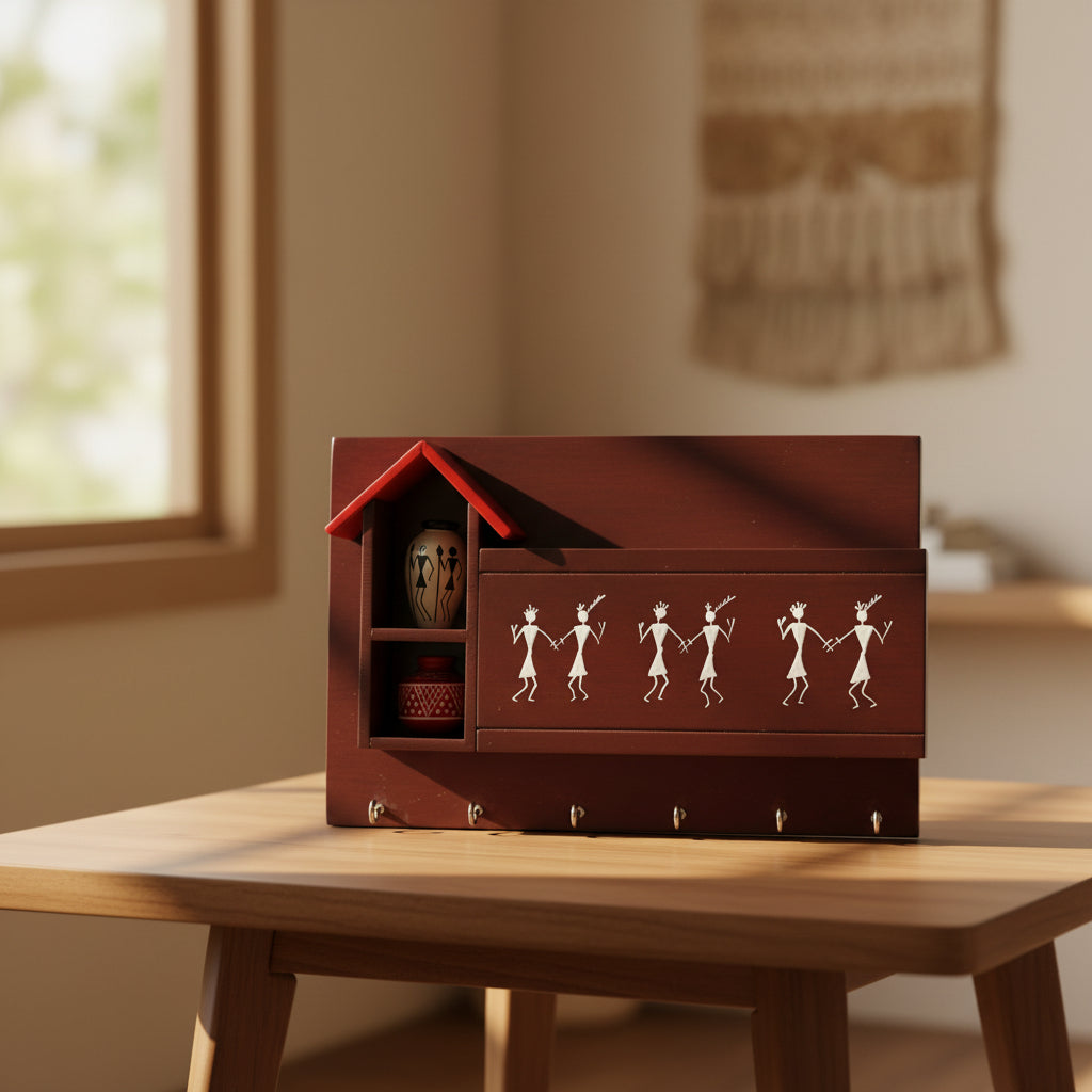 Warli Wooden Wall Organizer with Key Hooks & Storage Shelf