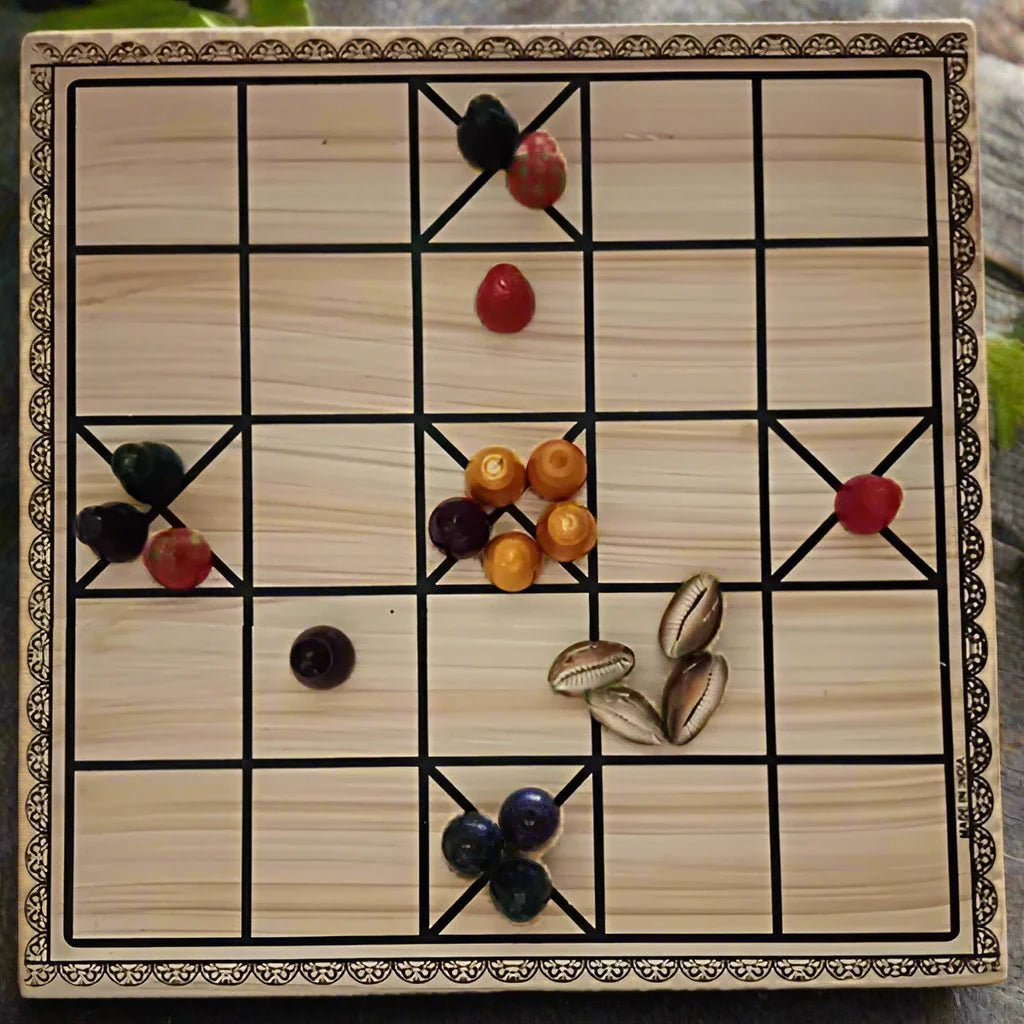 Wooden Chowkabara Traditional Strategy Board Game | One Board Double - Sided (5 & 7 House) - WeToyToy